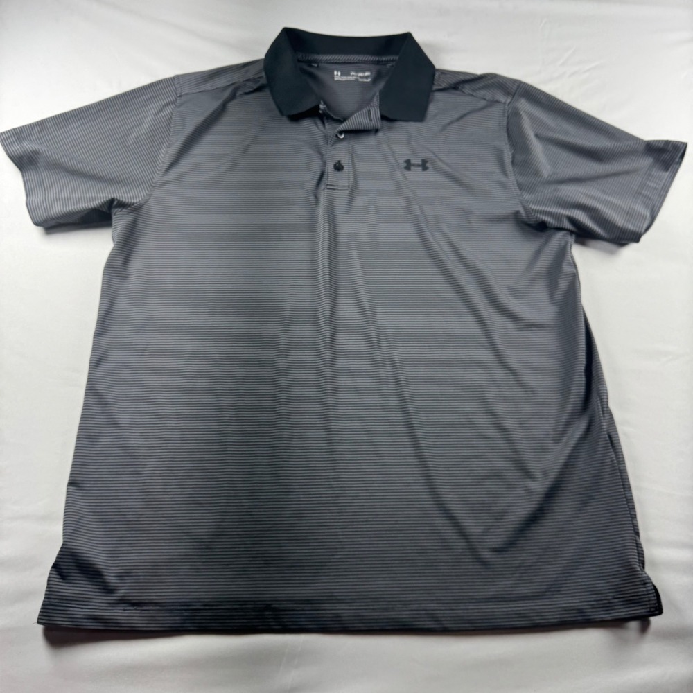 Under Armour HeatGear Mens 2XL Gray Black Striped Short Sleeve Golf Polo Shirt